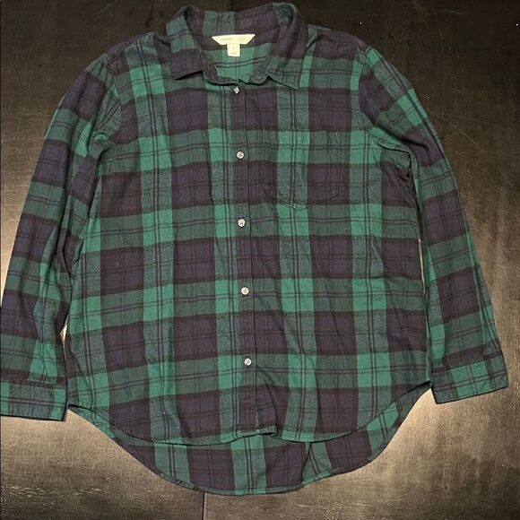 Old Navy Women's Blue and Green Plaid Button-Down Shirt - Picture 1 of 2